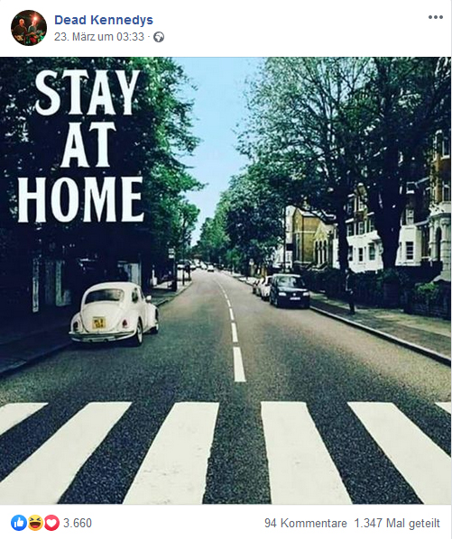 Stay at home: das Plattencover der Beatles-Platte „Abbey Road“ verändert und die Beatles herausretuschiert.