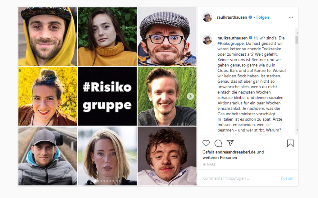 Ein Instagrampost von Raul Krauthausen. Auf einer Collage sind mehrere Gesichter von Menschen abgebildet. In der Mitte steht auf einer schwarzen Kachel mit weißer Schrift ein Hashtag plus 'Risikogruppe'. Rechts ist ein Teil des Bildtextes von Raul Krauthausen zu sehen.